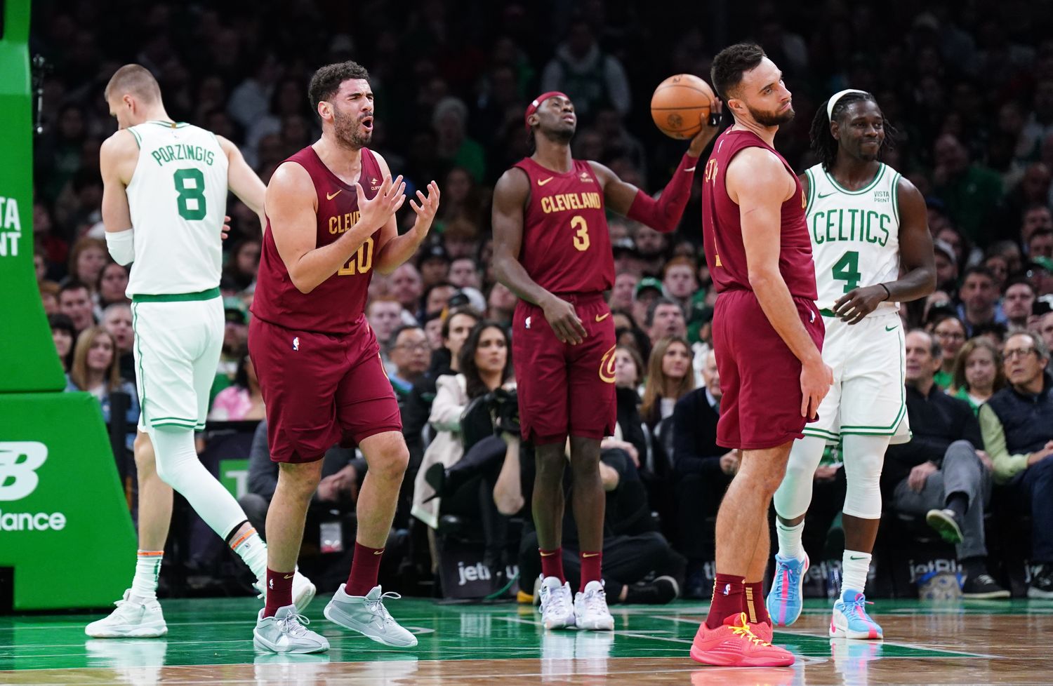 Dec 14, 2023; Boston, Massachusetts, USA; Cleveland Cavaliers forward Georges Niang (20) reacts after a call as they take on the Boston Celtics in the second quarter at TD Garden.